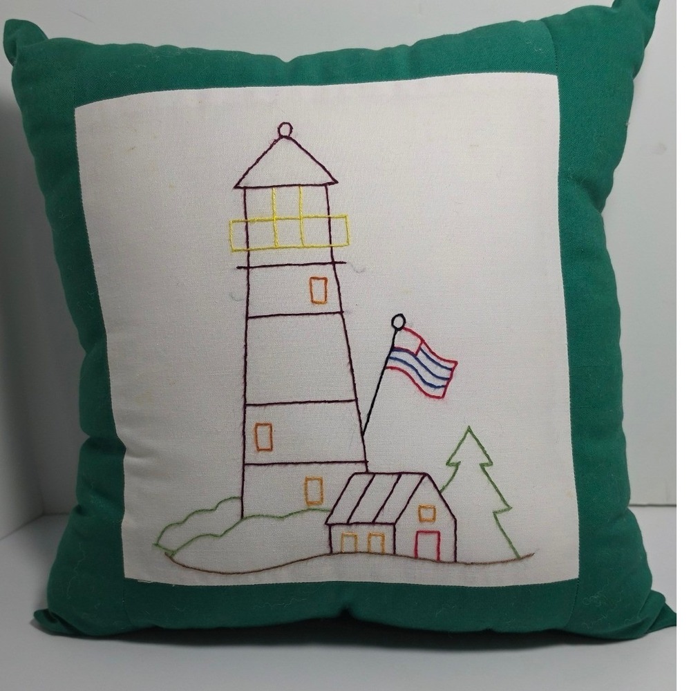 Double sided Hand Embroidered Lighthouse Nautical Throw Pillow Green 11" Ocean